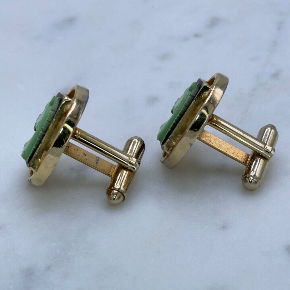 Vintage Men Gold Black Green 3D Horse Head Equestrian Cufflinks + Tie Clasp Clip - Picture 5 of 9